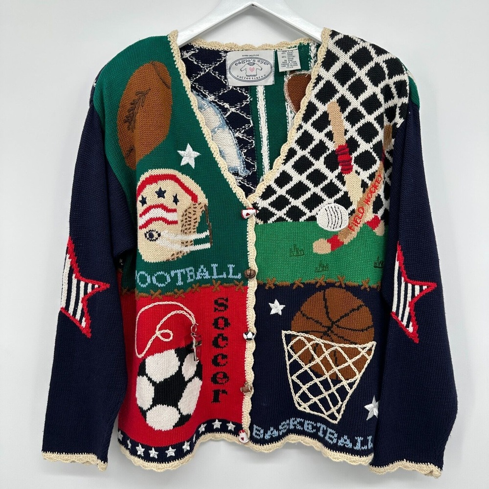 Vintage Y2K Eagles Eye Cardigan Sweater Large Sports 1996 Novelty Statement Boho